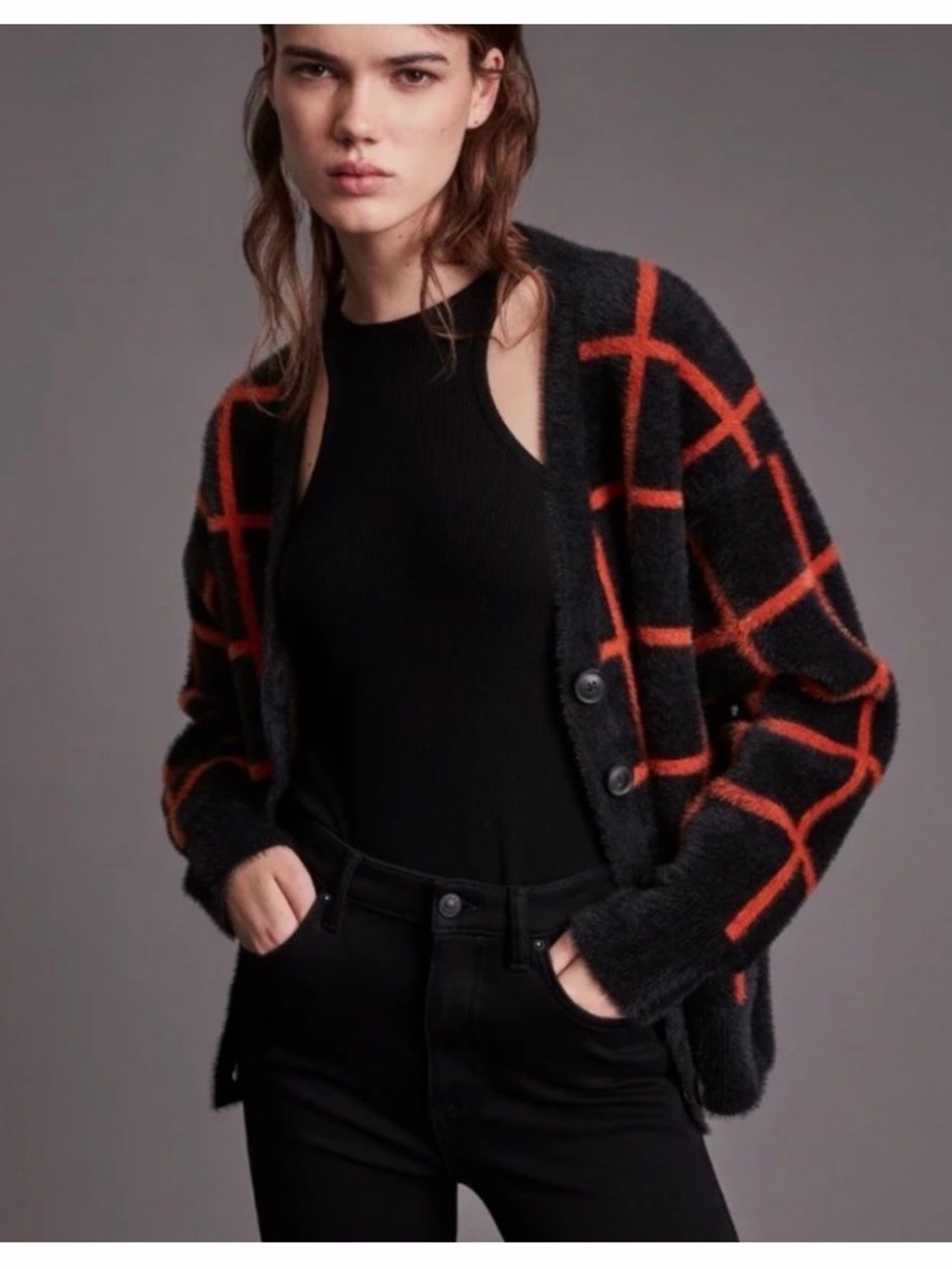AllSaints Black Cardigan with Orange Windowpane Check